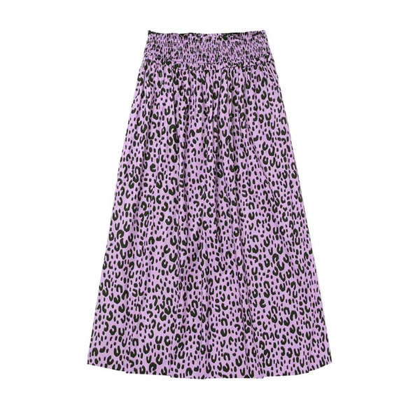 BURU Smocked Waist MIDI Skirt in Purple Cheetah, NWT - Picture 2 of 6